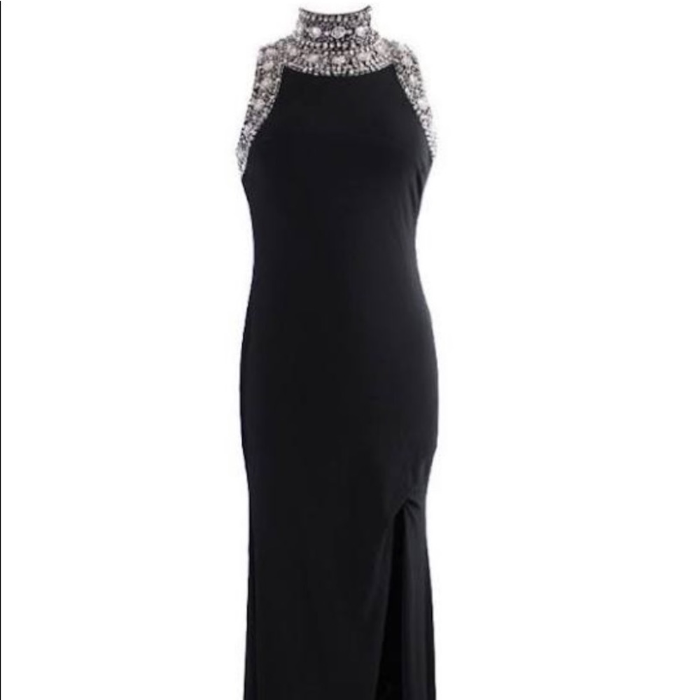 Navy blue beaded choker neckline mermaid satin prom dress. Perfect condition.